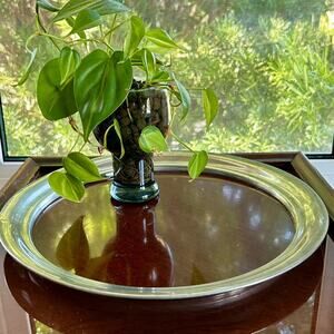 Vintage 1940s American Pewter & Faux Wood Formica Round Cocktail Bar Tray Deco